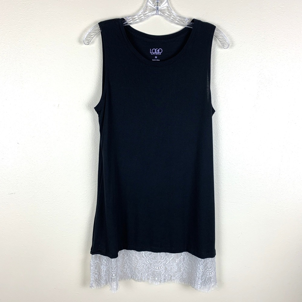 Logo Layers Lori Goldstein Black Tunic Tank Size M Scalloped Lace Trim Goth